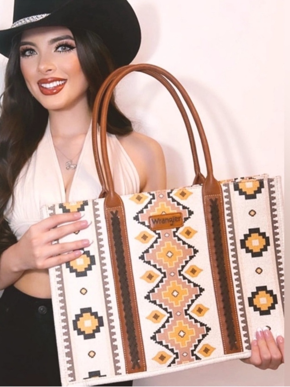 Wrangler Cream Tan Yellow Southwestern Embroidered Tote